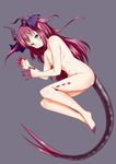  claws elizabeth_bathory_(fate) elizabeth_bathory_(fate)_(all) fate/extra fate/extra_ccc fate_(series) green_eyes grey_background horns kitsunetsu_(rcu_be1s) long_hair nude pink_hair pointy_ears solo tail two_side_up 