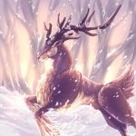  2014 antlers brown_fur cervine day digital_media_(artwork) feral forest fur horn mammal outside ravoilie red_eyes snow solo standing tree 