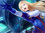  1girl blonde_hair bodysuit breasts butcha-u emina_(chronos) eroquis hyouryuu_kangoku_chronos large_breasts lilith-soft long_hair open_mouth solo space 