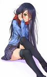  adjusting_hair black_hair blush green_eyes highres kazeno long_hair original plaid plaid_skirt scarf school_uniform sitting skirt solo sweater thighhighs zettai_ryouiki 