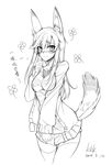  2014 animal_ears blush breasts dated greyscale highres ichijou_hotaru kaiser2050101 kemonomimi_mode long_hair medium_breasts monochrome non_non_biyori simple_background solo tail thighhighs white_background 