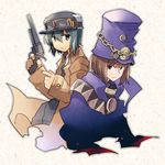  2girls boogiepop boogiepop_(character) brown_hair chain citolo commentary_request gun handgun hat kino_(kino_no_tabi) kino_no_tabi multiple_girls revolver short_hair weapon 