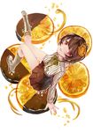  boots brown_hair chocolate food food_themed_hair_ornament from_above fruit hair_ornament knee_boots mikuni_(mikunik) open_mouth orange orange_hair_ornament orange_slice orangette original pleated_skirt red_eyes short_hair skirt solo 
