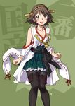  :d black_legwear blue_eyes blush boots breasts brown_hair cleavage collarbone green_background hairband hiei_(kantai_collection) kantai_collection looking_at_viewer medium_breasts nontraditional_miko open_mouth pantyhose pleated_skirt ribbon ribbon-trimmed_sleeves ribbon_trim sameha_ikuya short_hair skirt smile solo standing thigh_boots thighhighs wide_sleeves 