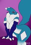  black_nose blush breasts chest_tuft digimon facial_markings female fur haley_(nightfaux) hanging_breasts looking_at_viewer mane markings nightfaux nipples pose raised_tail renamon tuft white_fur 