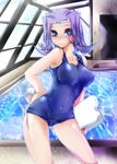 1girl bad_id breasts esunoji female flipped_hair genderswap kamishiro_ryoga pool purple_hair rei_no_pool solo swimming_pool swimsuit yu-gi-oh! yuu-gi-ou_zexal 