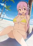  beach bikini breasts cleavage cloud day hashi headphones highres jewelry large_breasts long_hair navel necklace nitroplus outdoors pink_eyes pink_hair sky smile solo super_sonico swimsuit yellow_bikini 