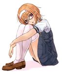  :o blush brown_eyes brown_hair glasses hairband kazeno leg_hug loafers original school_uniform shoes sitting skirt solo thighhighs zettai_ryouiki 