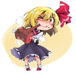  ankle_socks ascot blonde_hair boned_meat chibi eating food food_in_mouth food_on_face hair_ribbon meat one_eye_closed red_eyes ribbon rumia shinapuu short_hair simple_background skirt skirt_set smile solo steam touhou yellow_background 