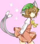  animal_ears arms_behind_back bad_id bad_pixiv_id bow brown_hair cat_ears cat_tail chen ellipsis_(mitei) hat juliet_sleeves long_sleeves looking_at_viewer mob_cap multiple_tails orange_eyes paw_print pink_background puffy_sleeves short_hair simple_background sketch skirt skirt_set smile solo tail touhou 