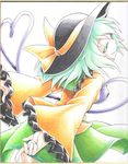  arms_behind_back colored_eyelashes eyeball faux_traditional_media green_hair hat hat_ribbon heart heart_of_string highres komeiji_koishi long_sleeves looking_back messy_hair miniskirt monopollyan ribbon skirt smile solo thighs third_eye touhou wide_sleeves 