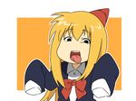  1girl blonde_hair genma_iroe hat long_hair open_mouth oversized_clothes rararanago ribbon school_uniform simple_background sleeves_past_fingers sleeves_past_wrists solo tongue tongue_out 