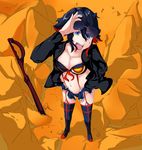  adapted_costume adjusting_eyewear bikini_top black_hair blue_eyes boots breasts cleavage eyewear_on_head foreshortening garter_straps hairpods hand_in_pocket highres kill_la_kill matoi_ryuuko medium_breasts multicolored_hair navel oinari-kun123 open_clothes open_shirt planted_weapon red_hair scissor_blade senketsu shirt short_hair solo sunglasses suspenders thigh_boots thighhighs two-tone_hair weapon 