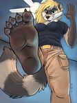  5_toes anthro barefoot blonde_hair blue_eyes breasts clothing combatraccoon female foot_focus hair hindpaw mammal paws raccoon soles solo toes 