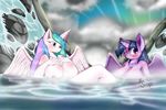  anthro anthrofied big_breasts blush breasts equine female friendship_is_magic fur hair horn horse hot_spring huge_breasts mammal multi-colored_hair my_little_pony nipples pony princess_celestia_(mlp) purple_eyes purple_fur purple_hair suirano twilight_sparkle_(mlp) water white_fur winged_unicorn wings 