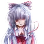  arm_belt bow breasts breasts_apart collarbone downblouse dress_shirt extended_downblouse fujiwara_no_mokou hair_bow hair_ribbon hanging_breasts husky_(artist) leaning_forward long_hair long_sleeves looking_at_viewer medium_breasts no_bra open_mouth raised_eyebrow red_eyes ribbon shirt sidelocks silver_hair simple_background solo strap_slip suspenders touhou tress_ribbon unbuttoned white_background white_shirt 