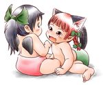  animal_ears baby black_hair black_wings blush bow braid cat_ears cat_tail chinon extra_ears hair_bow kaenbyou_rin long_hair multiple_girls multiple_tails open_mouth ponytail red_hair reiuji_utsuho tail topless touhou wings younger 