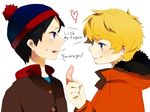  bad_id bad_pixiv_id beanie black_hair blonde_hair blue_eyes coat condom english eye_contact hat heart hood kenny_mccormick looking_at_another multiple_boys naoko_(juvenile) open_mouth simple_background smile south_park stan_marsh sweatdrop white_background 