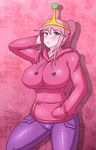  blush breasts curvy denim dr._omonemushi hood hoodie huge_breasts impossible_clothes impossible_shirt jeans long_hair pants pink_eyes pink_hair ponytail princess_bonnibel_bubblegum shirt simple_background skin_tight tiara 