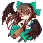  arm_cannon bad_id bad_pixiv_id black_wings blush bow brown_hair chibi dress hair_bow highres looking_at_viewer open_mouth red_eyes reiuji_utsuho slit_pupils solo topia touhou transparent_background weapon wings 