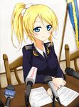  ayase_eli blonde_hair blue_eyes blush chair cosplay desk karamoneeze love_live! love_live!_school_idol_project microphone natalia_poklonskaya natalia_poklonskaya_(cosplay) ponytail press_conference scrunchie sitting smile solo uniform white_scrunchie 