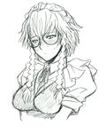  bespectacled blush braid breasts glasses greyscale hiroe_rei izayoi_sakuya lowres maid_headdress medium_breasts monochrome semi-rimless_eyewear short_hair solo sweatdrop touhou twin_braids under-rim_eyewear 