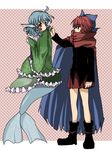  blue_eyes blue_hair boots bow cape checkered checkered_background covered_mouth drill_hair floating frilled_kimono frills hair_bow head_fins hyoumamyon japanese_clothes kimono mermaid miniskirt monster_girl multiple_girls red_eyes red_hair sekibanki shirt short_hair skirt touhou wakasagihime 