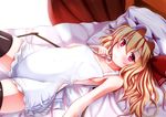  apron bed_sheet black_legwear blonde_hair blush breasts cameltoe curtains ebi_193 flandre_scarlet hair_ribbon hat looking_at_viewer lying md5_mismatch on_back on_bed red_eyes ribbon short_hair side_ponytail sideboob small_breasts solo thighhighs touhou wings 