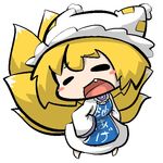  bad_id bad_pixiv_id blonde_hair chibi clothes_writing fang fox_tail hat inunoko. multiple_tails solo tail touhou yakumo_ran 