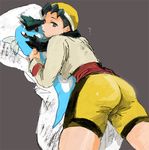  ? aqua_hair artist_request ass bike_shorts crystal_(pokemon) dakimakura_(object) dratini gen_1_pokemon hat looking_back lowres pillow pokemon pokemon_(game) pokemon_gsc solo twintails 