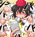  black_hair blush cellphone hands hat highres looking_down phone red_eyes shameimaru_aya shinapuu short_hair smartphone smile solo tokin_hat touhou 