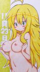  1girl artist_request blonde_hair blush breasts female green_eyes hoshii_miki idolmaster long_hair mehonobu_g navel nipples nude solo traditional_media 