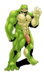  amphibian anthro balls biceps big_muscles big_penis flaccid frog green_skin grin humanoid_penis kokuhane looking_at_viewer male muscles nude one_eye_closed open_mouth pecs penis plain_background pose scales sheath slit smile solo standing thick_penis toned waving white_background wink 