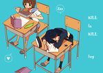  bad_id bad_pixiv_id black_hair book brown_eyes brown_hair chopsticks croquette desk eating hosomitimiti kill_la_kill mankanshoku_mako matoi_ryuuko multiple_girls pencil school_desk school_uniform senketsu sleeping 