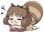  animal_ears bad_id bad_pixiv_id blush_stickers brown_hair chibi fang futatsuiwa_mamizou glasses inunoko. leaf leaf_on_head raccoon_ears raccoon_tail resting solo tail touhou 