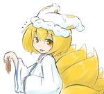  animal_ears bad_id bad_pixiv_id blonde_hair blush fang food fox_tail hat inunoko. looking_at_viewer mob_cap multiple_tails simple_background solo tail tofu touhou white_background yakumo_ran yellow_eyes 