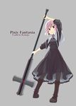  bad_id bad_pixiv_id boots copyright_name cross cross-laced_footwear dress emma_thor full_body highres looking_at_viewer mugi_(banban53) pink_hair pixiv_fantasia pixiv_fantasia_fallen_kings red_eyes short_hair simple_background solo 