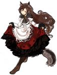  adapted_costume alternate_costume animal_ears apron boots brooch brown_footwear brown_hair cross-laced_footwear curtsey dress full_body imaizumi_kagerou inazakura00 jewelry knee_boots long_hair long_sleeves red_eyes solo tail touhou very_long_hair waist_apron white_background wolf_ears wolf_tail 