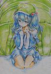  absurdres backpack bag blue_eyes blue_hair blush boots collarbone colored_pencil_(medium) fingers_together hair_bobbles hair_ornament hat highres kawashiro_nitori kitazinger long_sleeves looking_away off_shoulder open_clothes open_shirt shirt short_hair sitting solo touhou traditional_media two_side_up v_arms wariza wide_sleeves 
