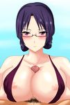  1girl blush breasts censored eyebrows_visible_through_hair folded_ponytail glasses hetero juno_(pixiv32541104) large_breasts looking_at_viewer male_pubic_hair mosaic_censoring nipples paizuri penis pov pubic_hair purple_eyes purple_hair ridget_(suisei_no_gargantia) semi-rimless_eyewear suisei_no_gargantia sweat swimsuit under-rim_eyewear 