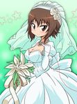  blush bouquet bridal_veil brown_eyes brown_hair commentary dress elbow_gloves flower girls_und_panzer gloves headdress jewelry looking_at_viewer maru_takeo necklace nishizumi_maho red_string short_hair smile solo standing star string veil wedding_dress white_dress 