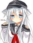  bad_id bad_pixiv_id blue_eyes blush hat hibiki_(kantai_collection) highres kantai_collection kemonomimi_mode long_hair looking_at_viewer mashiro_shimaro neckerchief paw_pose school_uniform serafuku silver_hair solo translated upper_body 