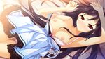  1girl artist_request bed black_hair bra breasts character_request game_cg koisuru_natsu_no_last_resort kouzaki_umi long_hair lying marui marui_(koedame) mottsun nipples panties red_eyes solo underwear wardrobe_malfunction 