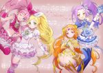  aikatsu! aqua_eyes blonde_hair braids cure_beat cure_melody cure_rhythm dress green_eyes group guitar hoshi_(xingspresent) houjou_hibiki instrument kurokawa_ellen long_hair minamino_kanade navel orange_hair pink_eyes pink_hair ponytail precure purple_hair shirabe_ako siren_(suite_precure) skirt suite_precure thighhighs twintails wink wristwear yellow_eyes 