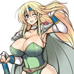  ;d blonde_hair blue_eyes blush breasts cape celes_chere cleavage final_fantasy final_fantasy_vi gloves green_leotard headband huge_breasts leotard long_hair looking_at_viewer lowres one_eye_closed open_mouth shiny shiny_skin shoulder_pads simple_background smile solo white_background yasakani_an 