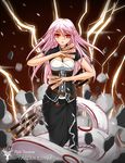  belt copyright_name destruction dress electricity floating_rock hair_between_eyes highres kyara_akaro lamia lightning long_hair looking_at_viewer md5_mismatch midnight_(banyex) mole mole_under_eye monster_girl ofuda pink_hair pixiv_fantasia pixiv_fantasia_fallen_kings pointy_ears red_eyes solo standing sword tail talisman very_long_hair weapon 