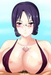  1girl blush breasts censored cum cum_on_body cum_on_breasts cum_on_glasses cum_on_upper_body eyebrows_visible_through_hair facial folded_ponytail glasses hetero juno_(pixiv32541104) large_breasts looking_at_viewer male_pubic_hair mosaic_censoring nipples paizuri penis pov pubic_hair purple_eyes purple_hair ridget_(suisei_no_gargantia) semi-rimless_eyewear suisei_no_gargantia sweat swimsuit under-rim_eyewear 