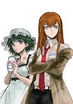  blue_eyes brown_hair burger_king crossed_arms dress drink drinking drinking_straw green_hair hat hiroe_rei long_hair makise_kurisu multiple_girls necktie red_neckwear shiina_mayuri short_hair steins;gate 