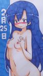  1girl artist_request blue_hair blush breasts brown_eyes female idolmaster kisaragi_chihaya long_hair mehonobu_g navel nipples nude solo sweat traditional_media 