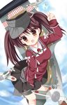  aircraft airplane brown_eyes brown_hair kantai_collection kurusu_ren long_hair open_mouth ryuujou_(kantai_collection) scroll skirt solo twintails visor_cap 